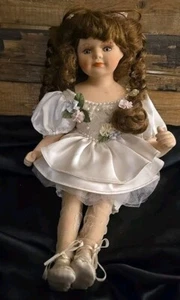 Vintage BALLERINA DOLL 17" Porcelain Brown Hair Hazel Eyes Pigtails AB-9B - Picture 1 of 8