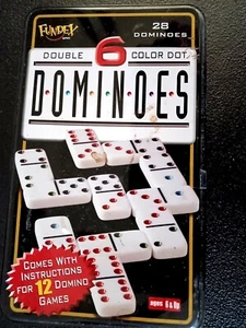 Fundex 28 Dominoes Double 6 Color Dot - Original Tin Box - 7.5" x 4.5" x 1.75" - Picture 1 of 9