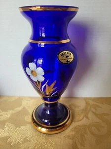 Vintage Kobaltblau Böhmischer Kristall Tschechisch Gold Handbemalt Vase -8" - CRYSTALEX - Bild 1 von 11