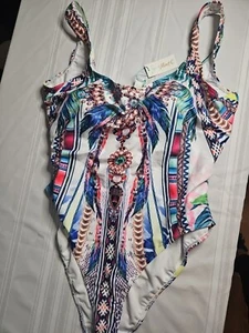 NWT Monif C Cape V Neck Cape Verde High Cut Necklace Print Bathing Suit 18W - Picture 1 of 6