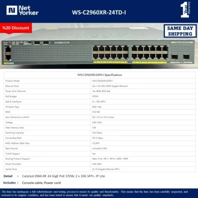 Conmutador de puerto PoE Cisco WS-C2960XR-24PD-I Catalyst serie 2960-XR - Envío el mismo día Foto 1 de 4