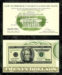 FR. 2083 I $20 1996 Federal Reserve Note AI00003558A Low Numbered Uncirc $20 Not - Picture 1 of 2