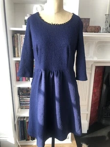 Vintage Style Deep Blue Jacquard Fabric 3/4 Sleeve Dress Size 12 - Picture 1 of 7