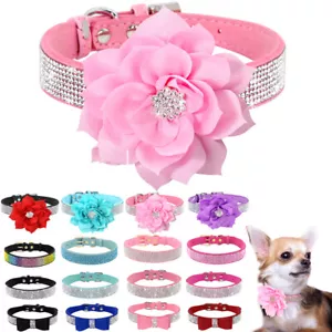 Rhinestone Dog Collar with Big Flower Cute Bowtie Rainbow Diamond Suede Leather - Picture 1 of 48