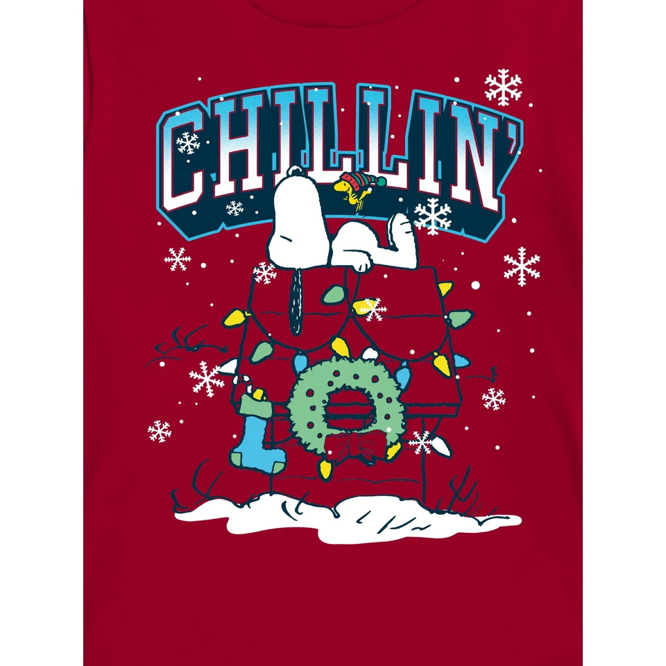 Peanuts Christmas Snoopy CHILLIN Boy’s S (6-7) Red Crewneck Red T Shirt Tee