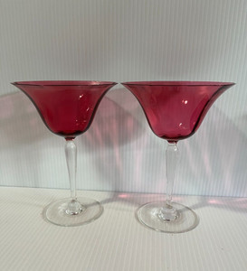 Pair of Cranberry Heisey Trefoil Crystal Champagne Glasses