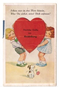 Junge und Mädchen mit Herz, Grüße aus Heidelberg, 1957 deutsche Postkarte - Bild 1 von 2