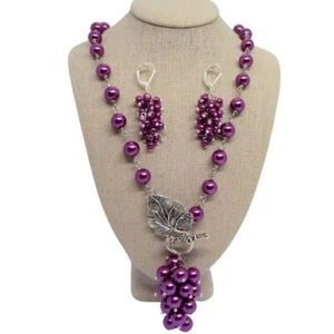 Handcrafted Purple Grape Pendant Necklace and Earring , handmade Jewelry Set - Picture 1 of 1