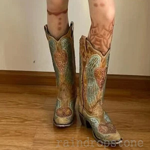 New Women's Western Cowboy Boots Embroidery Boots Pointed Toe Chunky Heels Boots - Picture 1 of 25