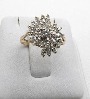 14K 黄金钻石 1.00 克拉簇鸡尾酒戒指 3.9 克 7 码 — 第 1/4 张图片