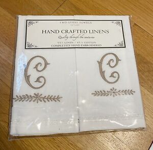 Hand Crafted Linens Monogram “C” Hand Embroidered Cottage Guest Towels Taupe NIP