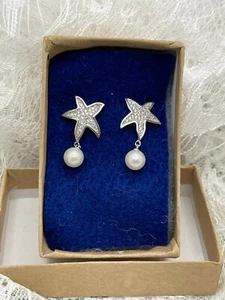 Star Pearl & Rhinestone Silver Tone Dangle Earrings - Picture 1 of 10
