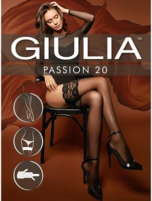 GIULIA PASSION FLORAL LACE TOP DESIGN HOLD UP STOCKINGS  20 DEN 2 SIZES TAN - Image 1 of 4