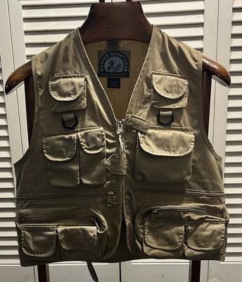 Chaleco de pesca con mosca Master Sportsman vintage grande beige tostado bolsillos con cremallera Foto 1 de 4