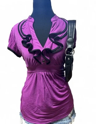 Y2K Vintage Purple And Black Babydoll Blouse Size Medium Fairycore Whimsical Top - Image 1 of 4