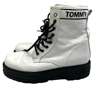 Tommy Jeans White Patent Leather Combat Boots Flatform Women’s Size 9 EU 40 - Picture 1 of 11