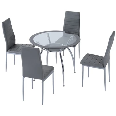 Dining Table Set Round Glass Top Four Chairs Padded Faux Leather Modern Grey - Image 1 of 4
