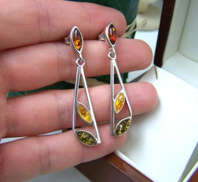 GORGEOUS MODERNIST 925 SOLID STERLING SILVER NATURAL AMBER DROP DANGLE EARRINGS — 第 1/4 张图片