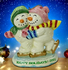 Fitz and Floyd 2001 Christmas Ornament "Frosty Folks" Skating Snowmen Porcelain - Picture 1 of 7
