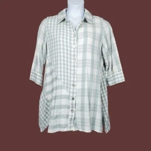 Soft Surroundings Damen Huntleigh elfenbein salbeigrün kariert Tunika Shirt Größe L - Bild 1 von 8