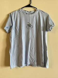 Life Is Good Shirt Women Medium Blue Short Sleeve "Ride on" Bicyclist VGC Cotton - Picture 1 of 5