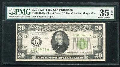 FR.2054-Llgs* 1934 $20 *STAR* FRN LIGHT GREEN SEAL SAN FRANCISCO,CA PMG VF-35EPQ - Image 1 of 2