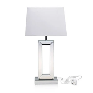 Mirrored Table Desk Lamp Statement Base White Rectangular Fabric Lampshade - Picture 1 of 7