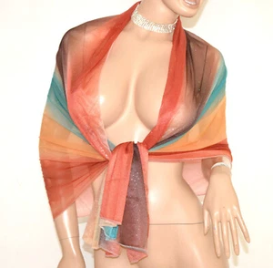 Stola donna foulard corallo beige verde bronzo scialle sciarpa brillantini UE45 - Foto 1 di 3