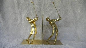 Pair of Solid Brass Golfers Swinging Clubs Bookends - Picture 1 of 7