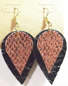 Handcrafted Pierced Earrings 2" Faux Leather With Bonded Glitter Felt Teardrops - Picture 1 of 1