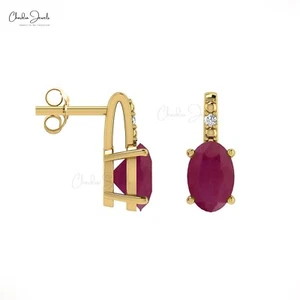 14k Solid Gold Ruby Earrings Diamond Accent Prong Set July Birthstone Studs Gift - Picture 1 of 22