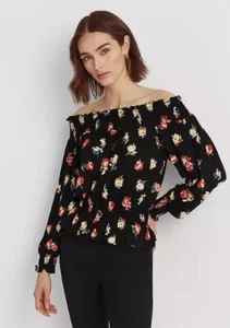 Lauren Ralph Lauren maglia floreale spalle scoperte top donna XL nero resort co - Foto 1 di 1