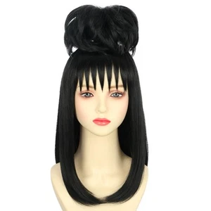 Women Black Long Wavy Wig With Bun Lydia Deetz Beetlejuice Wig for Halloween ... - Picture 1 of 9