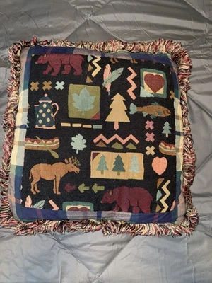 Rustic Outdoors Motif Throw Pillow tapestry bears moose fish hearts  - Image 1 of 4