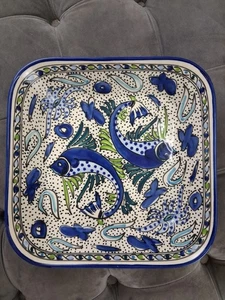 Vintage Le Souk Tunesien Blau Fisch Keramik Servierplatte Tablett 11" x 11" - Bild 1 von 4
