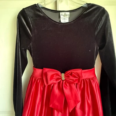 Rare Editions Girls Size 14 Holiday Black Velour Red Satin Dress Party - Image 1 of 4