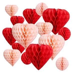 16 Pack Red Blush Pink Party Decoration Pom Pom, Heart & Ball Tissue Paper - Picture 1 of 7
