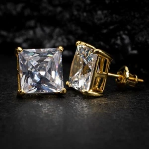 Large Yellow Gold 925 Sterling Silver Princess Cut Cz Stud Screw Back Earrings - Picture 1 of 5