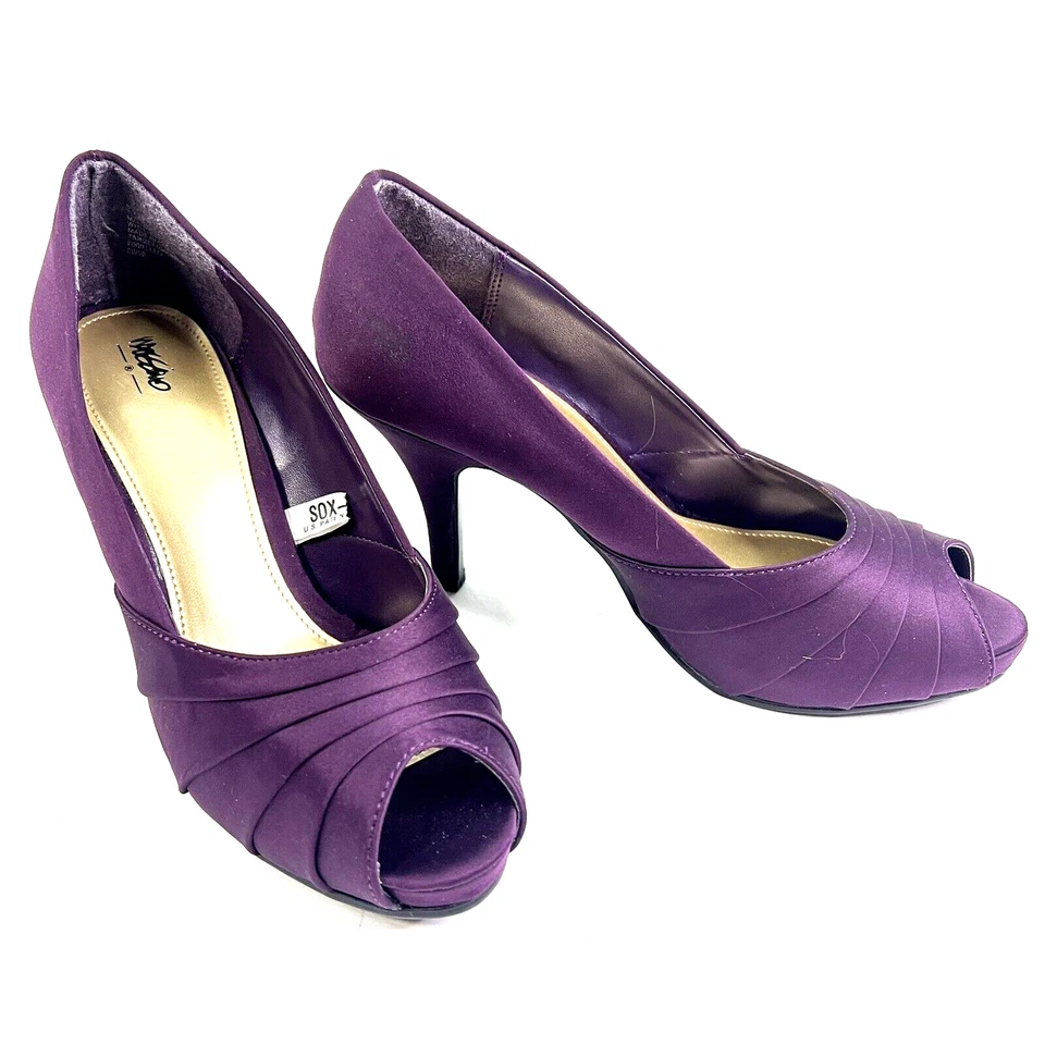 MOSSIMO Zapatos Tacones Mujer 5.5 Púrpura Satinado Punta Abierta 3" Tacón Boda Fiesta Evento Foto 1 de 4