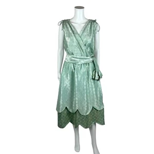 Vintage Brocade Dress Women's Large Sea Foam Green Scalloped Hem Evening Gown Ba - Picture 1 of 15