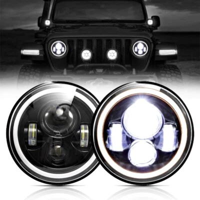 2PCS 7" Inch Round LED Headlights Angle Eyes DRL for Land Rover Defender 90/110 - Image 1 of 4