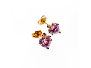 14K YELLOW GOLD AMETHYST & DIAMONDS "HEARTS" STUD EARRINGS - Picture 1 of 5