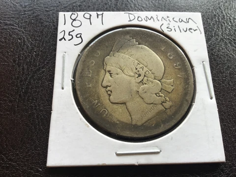 1897-A Dominican Republic 1 Peso 25 Grams Silver Coin- Rare. KM #16. Detail #301 Cover