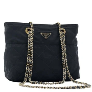 Prada Women's Quilting Chain Shoulder Bag Tote Nylon Dark Navy Used Authentic FS - Picture 1 of 20