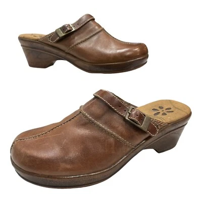 Dr Scholls Womens 9 Leather Clogs Brown Faux Wood Heel Buckle Casual Boho Hippie - Image 1 of 4