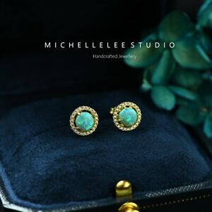 Opal and Diamond Stellato Stud Earrings, Vintage Style Green Fire Opal Earrings