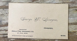 Antigua tarjeta de visita de papel efímero Hekla Fire Insurance Co Prosper Minnesota - Imagen 1 de 2
