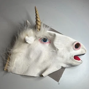Realistic Unicorn Head Mask Latex White w/ Hair & Horn – Adult Costume Cosplay - Picture 1 of 7