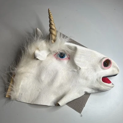 Realistic Unicorn Head Mask Latex White w/ Hair & Horn – Adult Costume Cosplay - Image 1 of 4