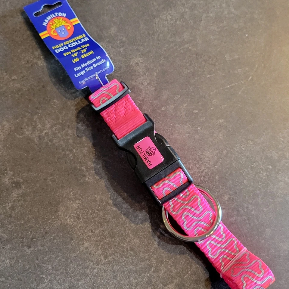 Hamilton Adjustable Safety Dog Collar MEDIUM-LARGE 18”-26" Hot Pink Magenta Bone - Image 1 of 4